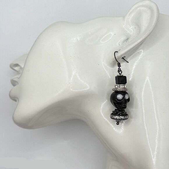 Black Skull Day of the Dead Dia de Muertos Dangle Earrings Halloween Women - Picture 5 of 8